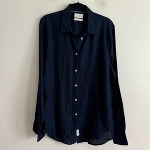 J. Crew Navy Blue Irish Linen Slim Fit Button Down Shirt 10 Tall